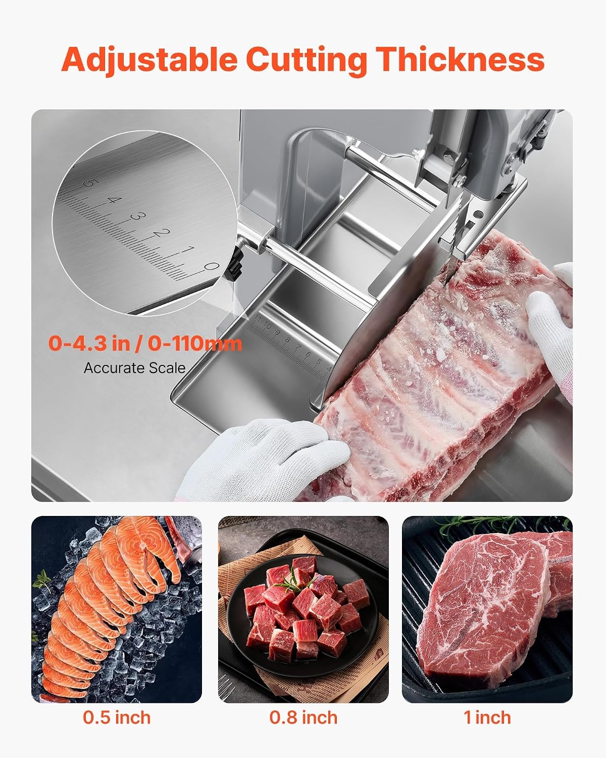 image:imageVEVOR Commercial Electric Meat Bandsaw 1100W Bone Sawing Machine with 124 x 181 Workbench 043 Cutting Thickness 7 Extra Replacement Blades for Cutting Bone Frozen Meat Pork Beef amp Ribs1100W 130