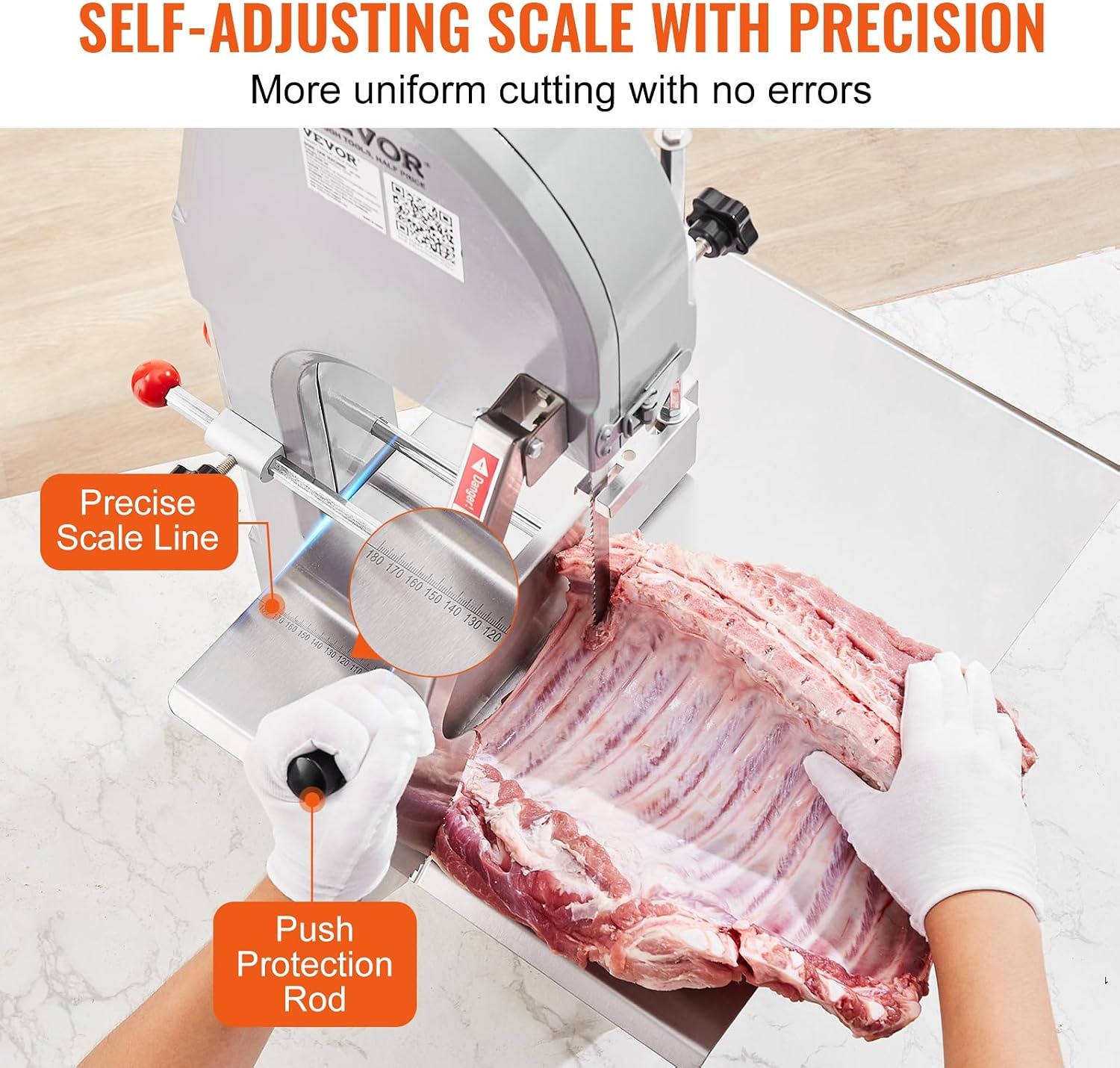 image:imageVEVOR Commercial Electric Meat Bandsaw 1100W Bone Sawing Machine with 124 x 181 Workbench 043 Cutting Thickness 7 Extra Replacement Blades for Cutting Bone Frozen Meat Pork Beef amp RibsCountertop 1100W