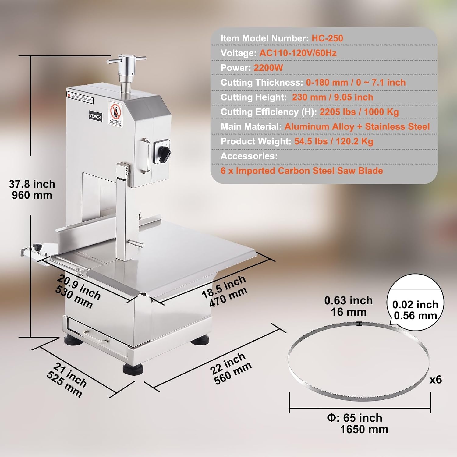 image:imageVEVOR Commercial Electric Meat Bandsaw 1100W Bone Sawing Machine with 124 x 181 Workbench 043 Cutting Thickness 7 Extra Replacement Blades for Cutting Bone Frozen Meat Pork Beef amp RibsCountertop 2200W
