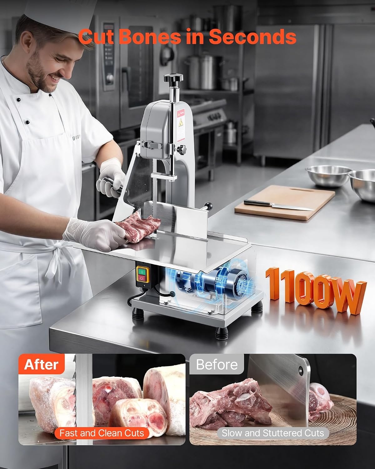 image:imageVEVOR Commercial Electric Meat Bandsaw 1100W Bone Sawing Machine with 124 x 181 Workbench 043 Cutting Thickness 7 Extra Replacement Blades for Cutting Bone Frozen Meat Pork Beef amp Ribs1100W 130