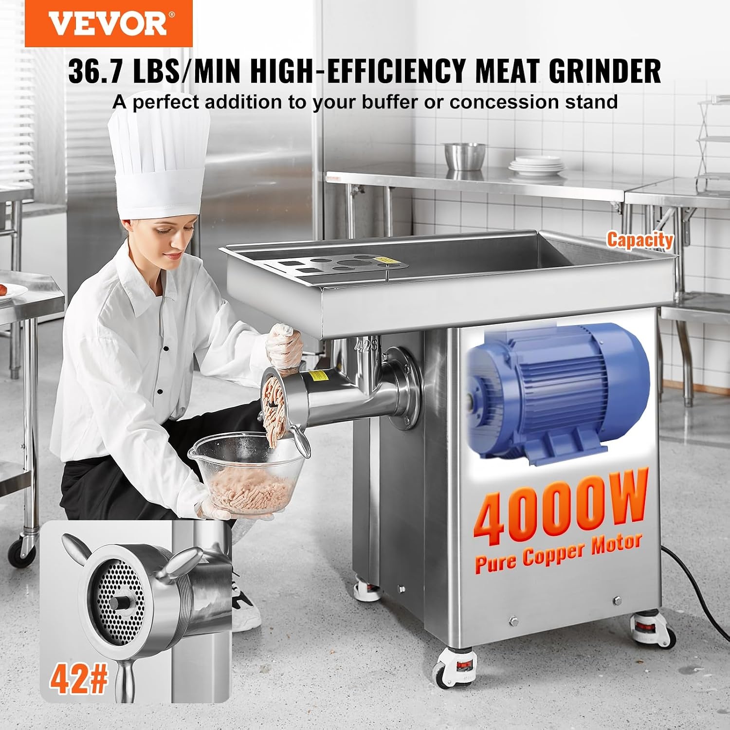 image:imageVEVOR Commercial Electric Meat Grinder 22 LbMin Cabinet Meat Grinder 2200W Industrial Grinder with Blade Grinding Plate Sausage Maker Stainless Steel Meat Mincer Machine for Kitchen Restaurant42 367LbMin