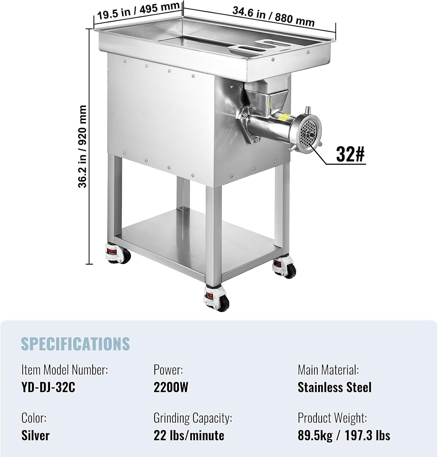 image:imageVEVOR Commercial Electric Meat Grinder 22 LbMin Cabinet Meat Grinder 2200W Industrial Grinder with Blade Grinding Plate Sausage Maker Stainless Steel Meat Mincer Machine for Kitchen Restaurant32 22 LbMin
