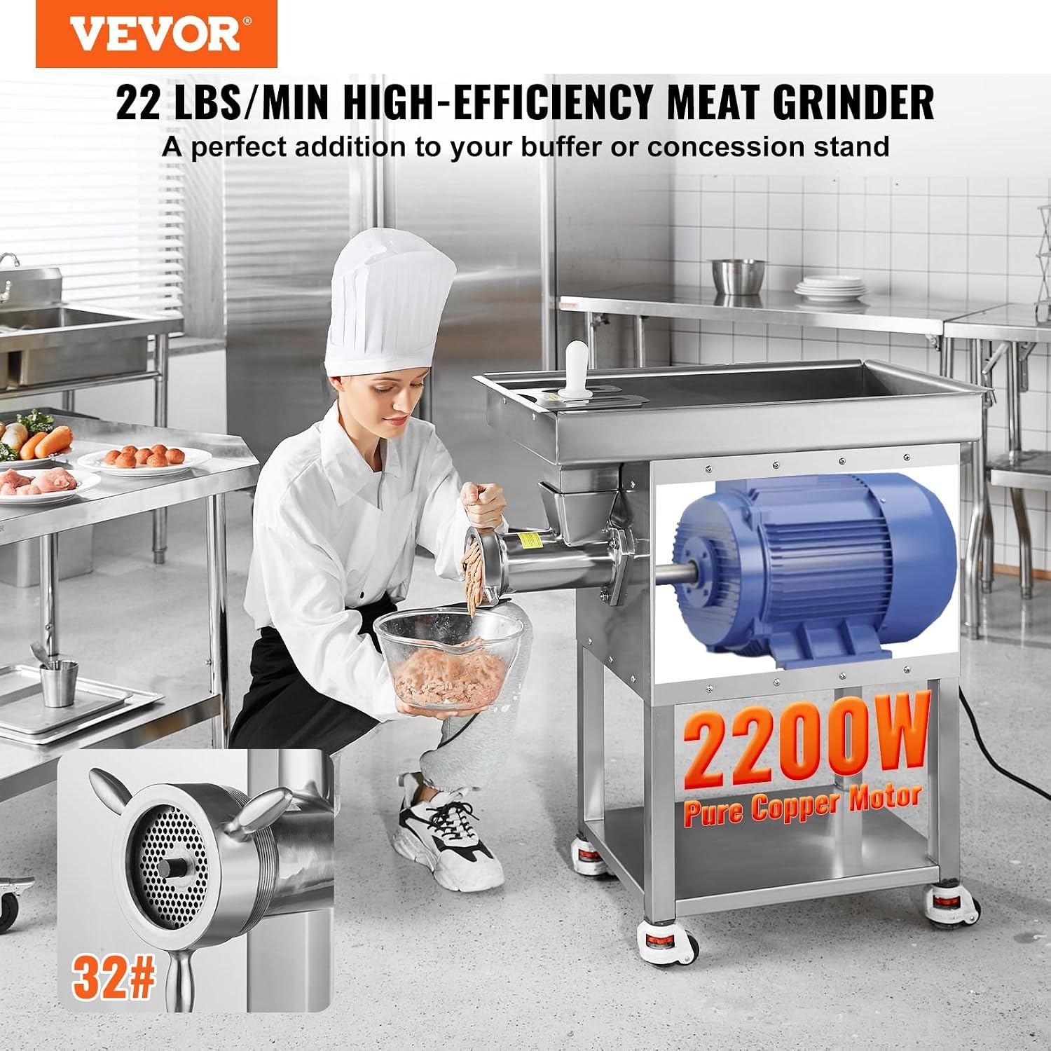 image:imageVEVOR Commercial Electric Meat Grinder 22 LbMin Cabinet Meat Grinder 2200W Industrial Grinder with Blade Grinding Plate Sausage Maker Stainless Steel Meat Mincer Machine for Kitchen Restaurant32 22 LbMin