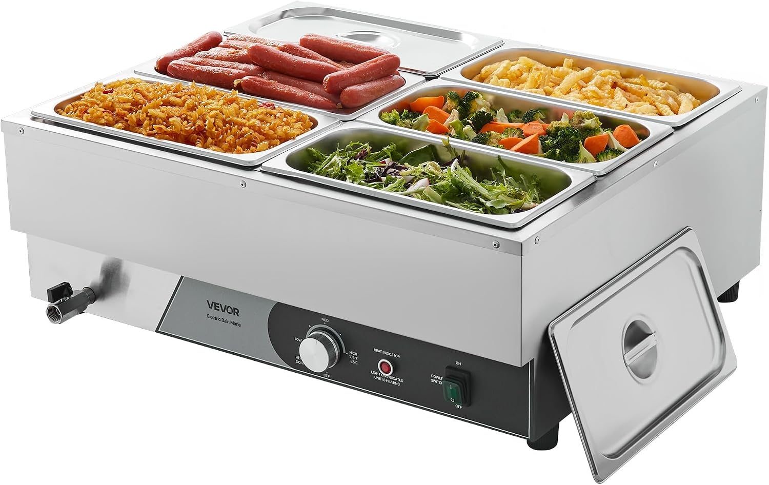 image:imageVEVOR Commercial Food Warmer 1500W Electric Stainless Steel Steam Food Warmer Fast Heating Countertop Buffet Bain Marie with Four 13 Size Food Pans for Catering Restaurants Parties amp Buffets613Pan15CM Depth