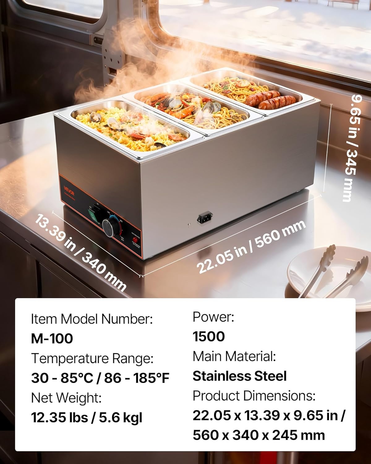 image:imageVEVOR Commercial Food Warmer 1500W Electric Stainless Steel Steam Food Warmer Fast Heating Countertop Buffet Bain Marie with Four 13 Size Food Pans for Catering Restaurants Parties amp Buffets2205 x 1339 x 965 in