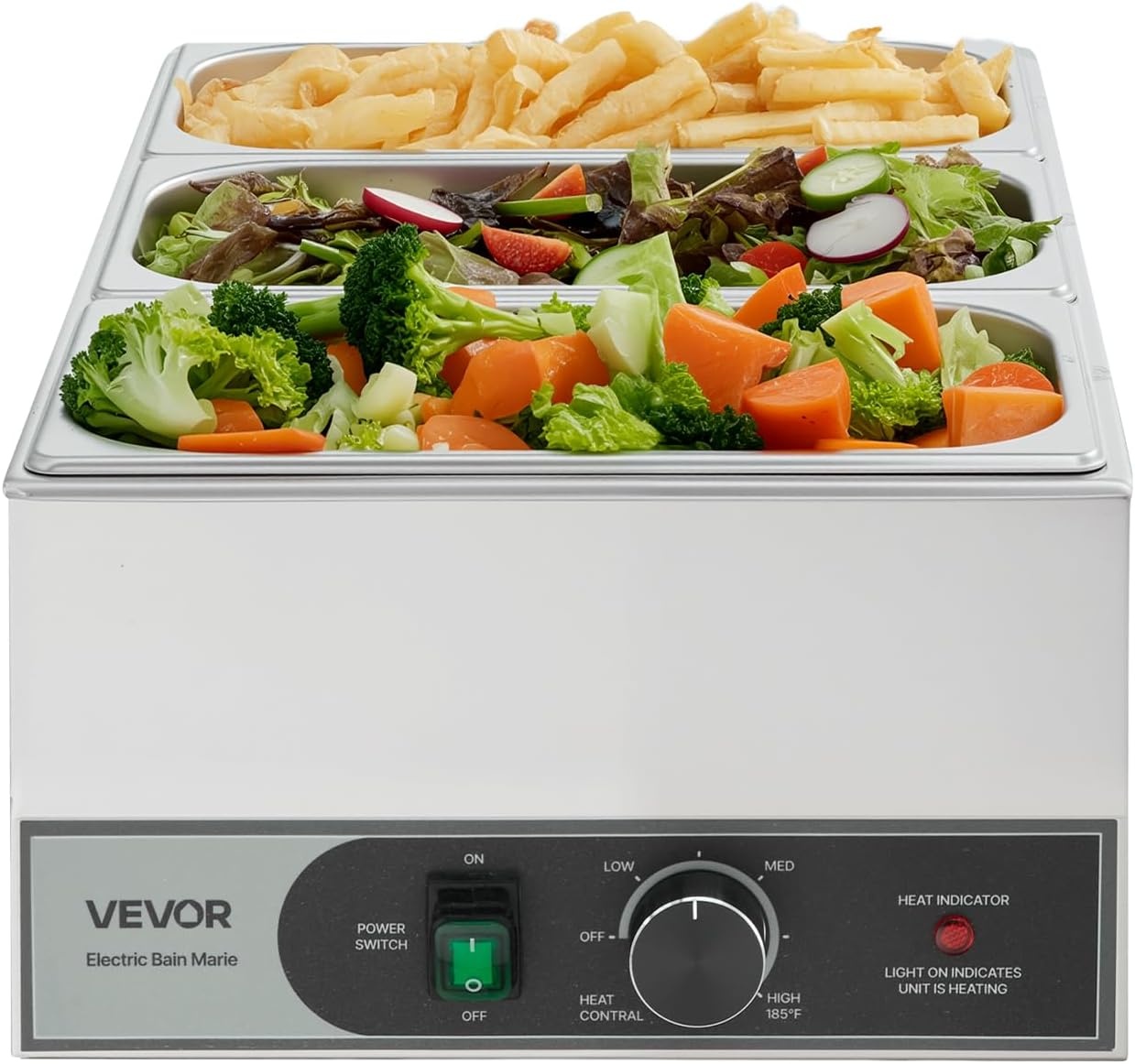image:imageVEVOR Commercial Food Warmer 1500W Electric Stainless Steel Steam Food Warmer Fast Heating Countertop Buffet Bain Marie with Four 13 Size Food Pans for Catering Restaurants Parties amp Buffets2185 x 1339 x 787 in