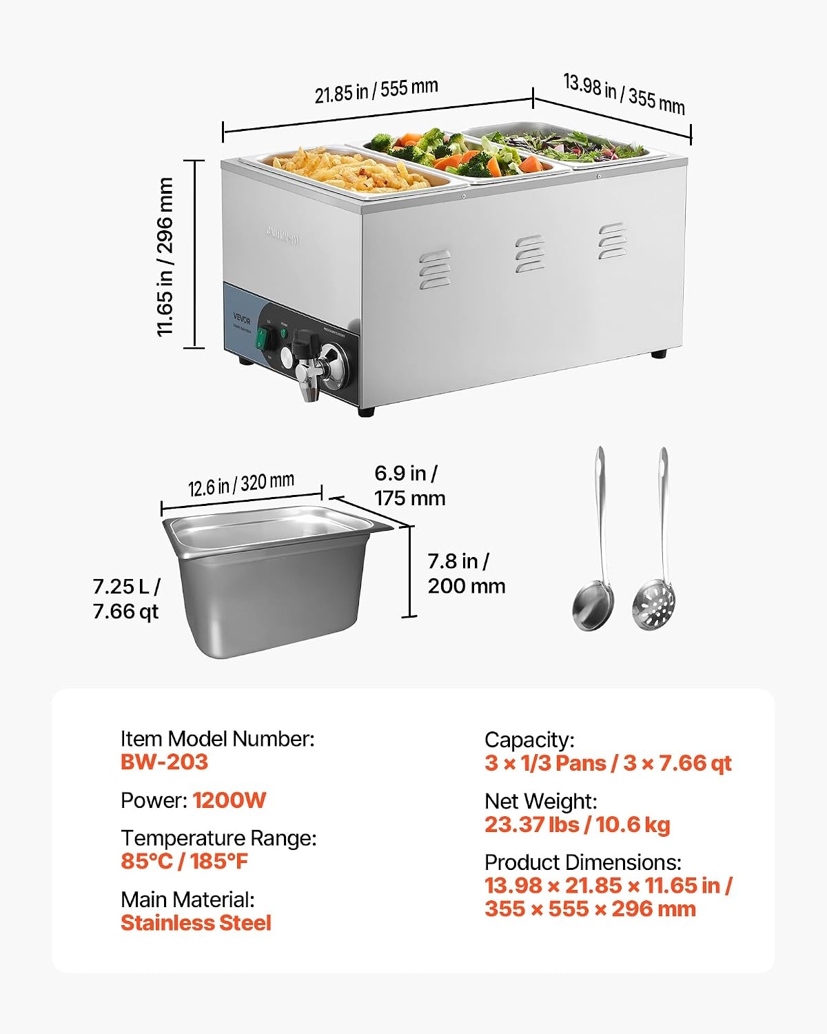 image:imageVEVOR Commercial Food Warmer 1500W Electric Stainless Steel Steam Food Warmer Fast Heating Countertop Buffet Bain Marie with Four 13 Size Food Pans for Catering Restaurants Parties amp Buffets313Pan20CM Depth