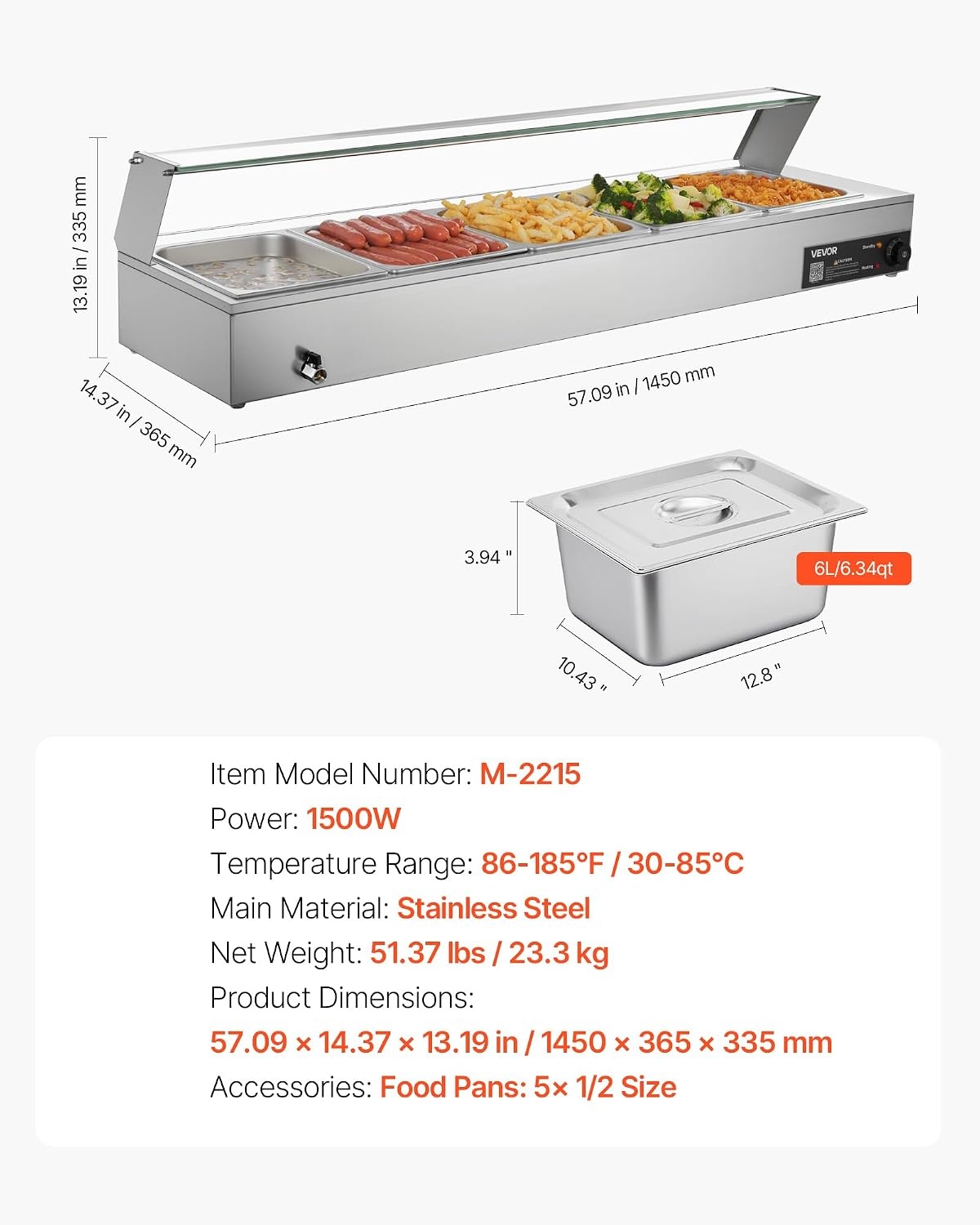 image:imageVEVOR Commercial Food Warmer 1500W Electric Stainless Steel Steam Food Warmer Fast Heating Countertop Buffet Bain Marie with Four 13 Size Food Pans for Catering Restaurants Parties amp Buffets512Pan