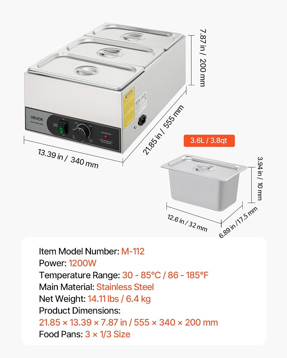 image:imageVEVOR Commercial Food Warmer 1500W Electric Stainless Steel Steam Food Warmer Fast Heating Countertop Buffet Bain Marie with Four 13 Size Food Pans for Catering Restaurants Parties amp Buffets2185 x 1339 x 787 in