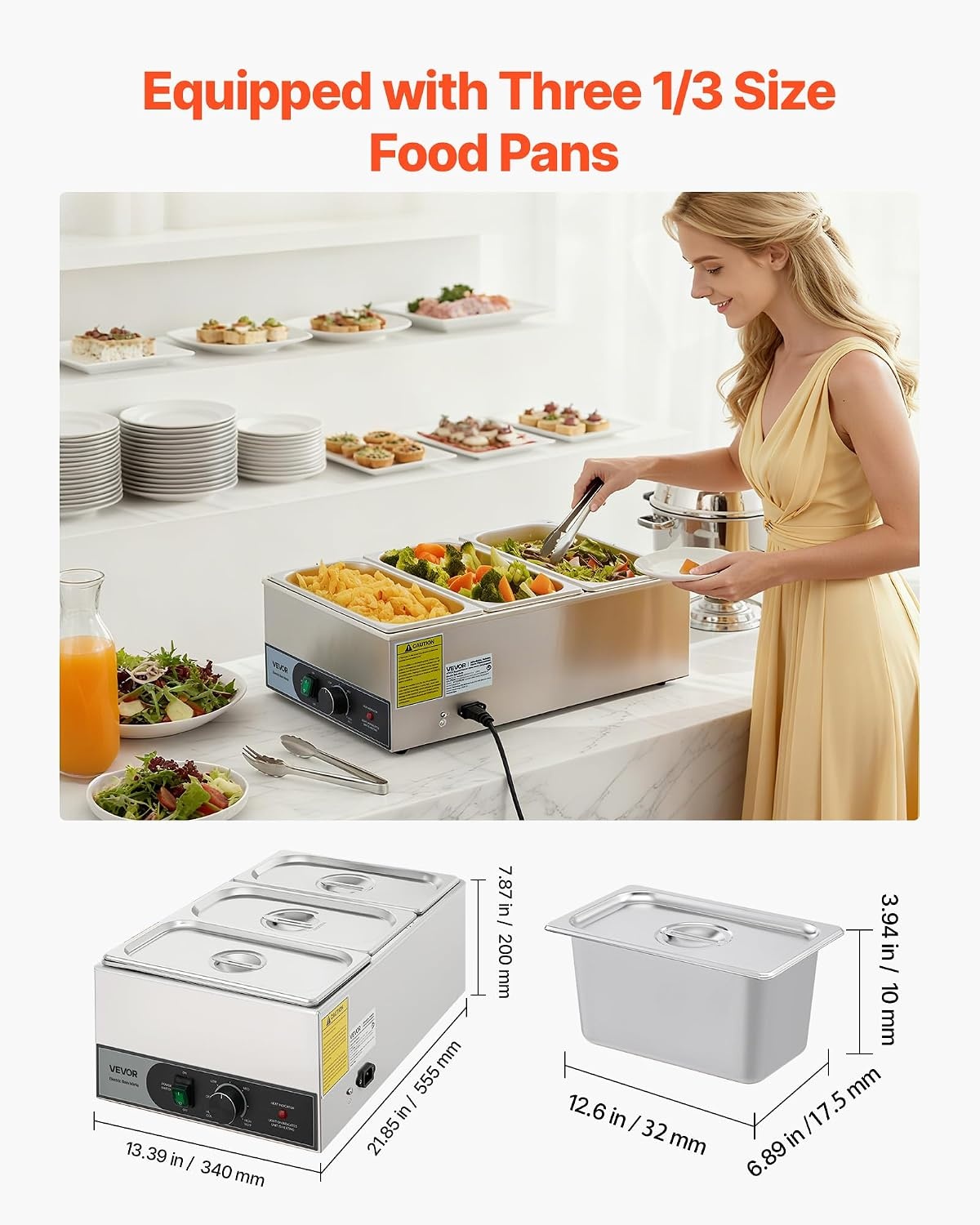image:imageVEVOR Commercial Food Warmer 1500W Electric Stainless Steel Steam Food Warmer Fast Heating Countertop Buffet Bain Marie with Four 13 Size Food Pans for Catering Restaurants Parties amp Buffets2185 x 1339 x 787 in