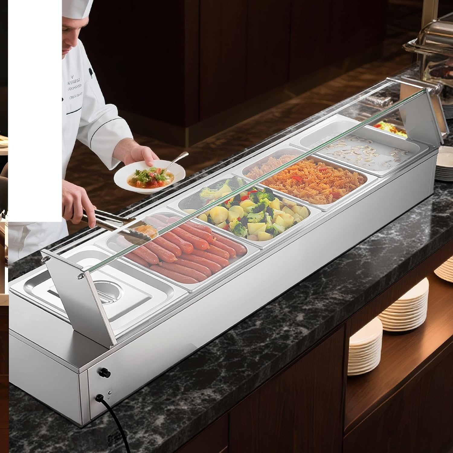 image:imageVEVOR Commercial Food Warmer 1500W Electric Stainless Steel Steam Food Warmer Fast Heating Countertop Buffet Bain Marie with Four 13 Size Food Pans for Catering Restaurants Parties amp Buffets512Pan