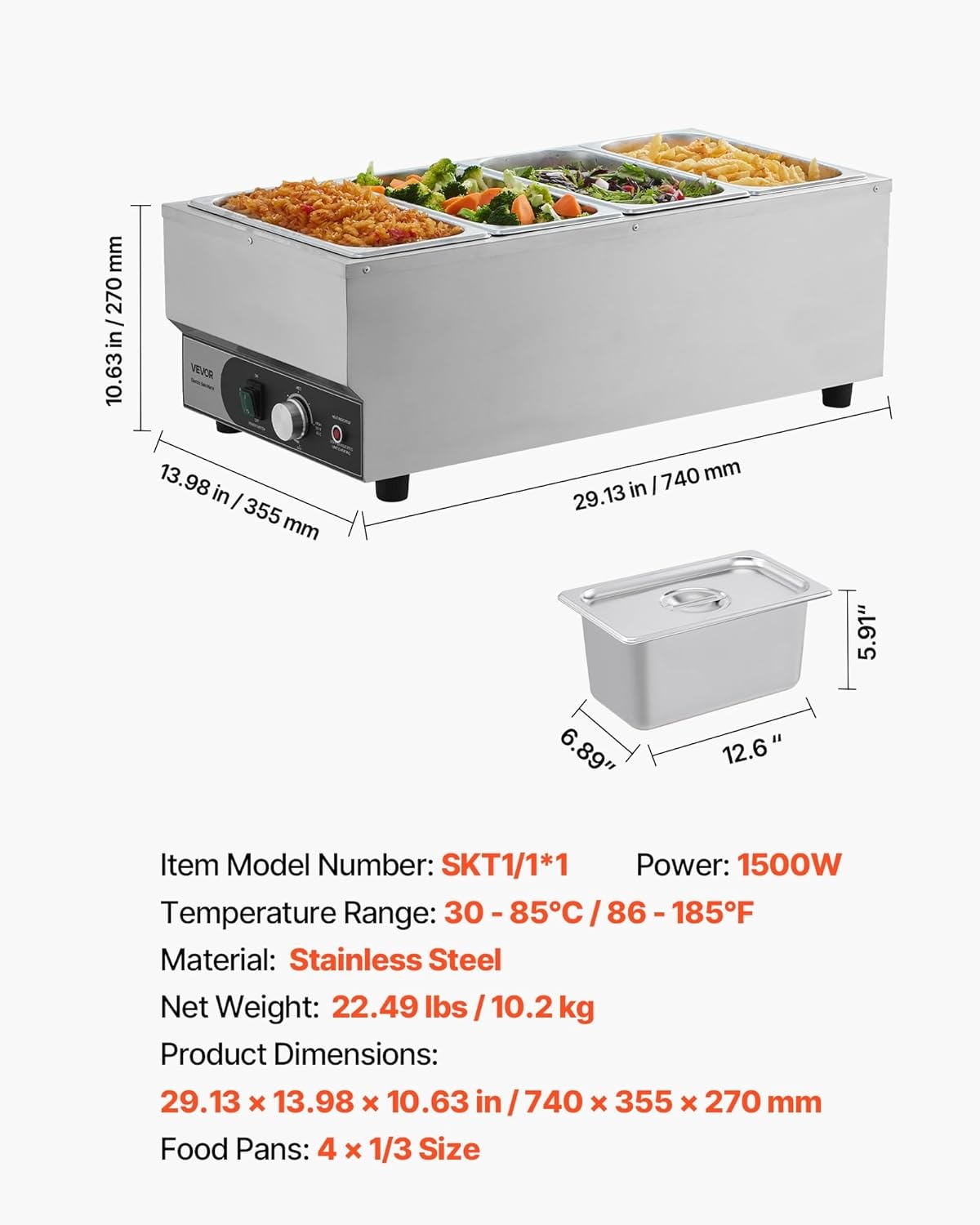 image:imageVEVOR Commercial Food Warmer 1500W Electric Stainless Steel Steam Food Warmer Fast Heating Countertop Buffet Bain Marie with Four 13 Size Food Pans for Catering Restaurants Parties amp Buffets2913 x 1398 x 1063 in