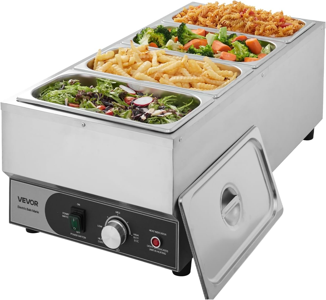 image:imageVEVOR Commercial Food Warmer 1500W Electric Stainless Steel Steam Food Warmer Fast Heating Countertop Buffet Bain Marie with Four 13 Size Food Pans for Catering Restaurants Parties amp Buffets2913 x 1398 x 1063 in