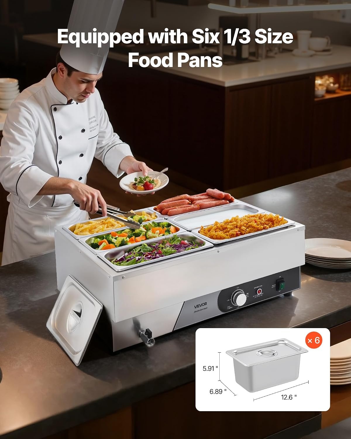 image:imageVEVOR Commercial Food Warmer 1500W Electric Stainless Steel Steam Food Warmer Fast Heating Countertop Buffet Bain Marie with Four 13 Size Food Pans for Catering Restaurants Parties amp Buffets613Pan15CM Depth