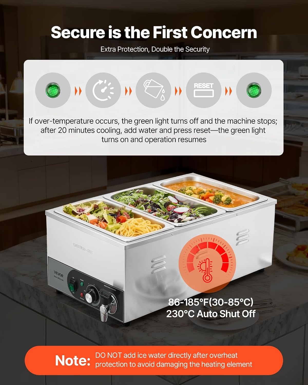 image:imageVEVOR Commercial Food Warmer 1500W Electric Stainless Steel Steam Food Warmer Fast Heating Countertop Buffet Bain Marie with Four 13 Size Food Pans for Catering Restaurants Parties amp Buffets313Pan20CM Depth