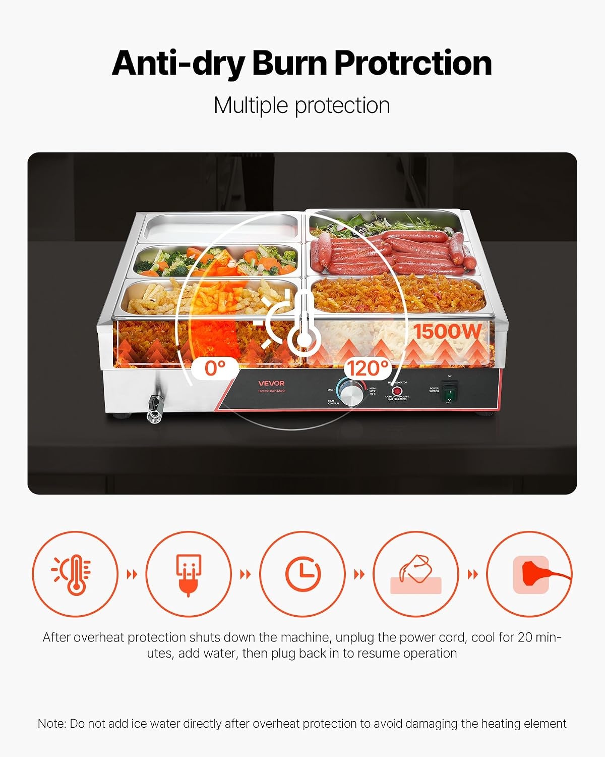image:imageVEVOR Commercial Food Warmer 1500W Electric Stainless Steel Steam Food Warmer Fast Heating Countertop Buffet Bain Marie with Four 13 Size Food Pans for Catering Restaurants Parties amp Buffets613Pan