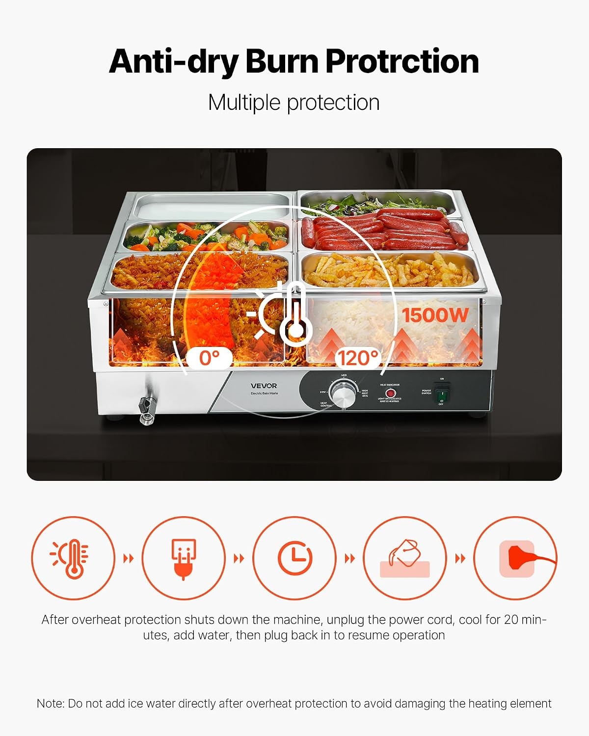 image:imageVEVOR Commercial Food Warmer 1500W Electric Stainless Steel Steam Food Warmer Fast Heating Countertop Buffet Bain Marie with Four 13 Size Food Pans for Catering Restaurants Parties amp Buffets613Pan15CM Depth