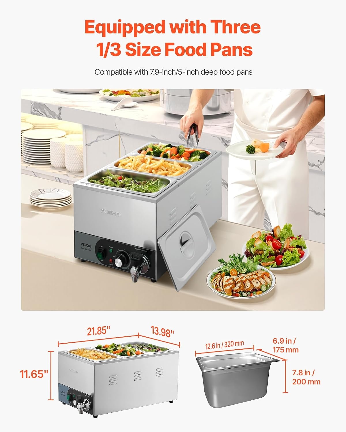 image:imageVEVOR Commercial Food Warmer 1500W Electric Stainless Steel Steam Food Warmer Fast Heating Countertop Buffet Bain Marie with Four 13 Size Food Pans for Catering Restaurants Parties amp Buffets313Pan20CM Depth