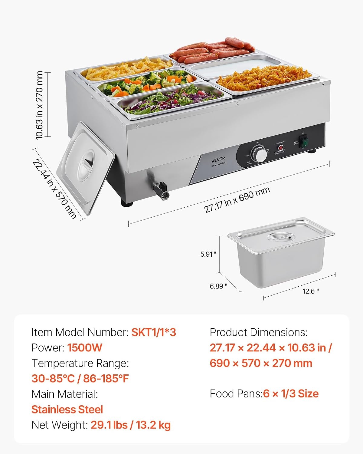 image:imageVEVOR Commercial Food Warmer 1500W Electric Stainless Steel Steam Food Warmer Fast Heating Countertop Buffet Bain Marie with Four 13 Size Food Pans for Catering Restaurants Parties amp Buffets613Pan15CM Depth