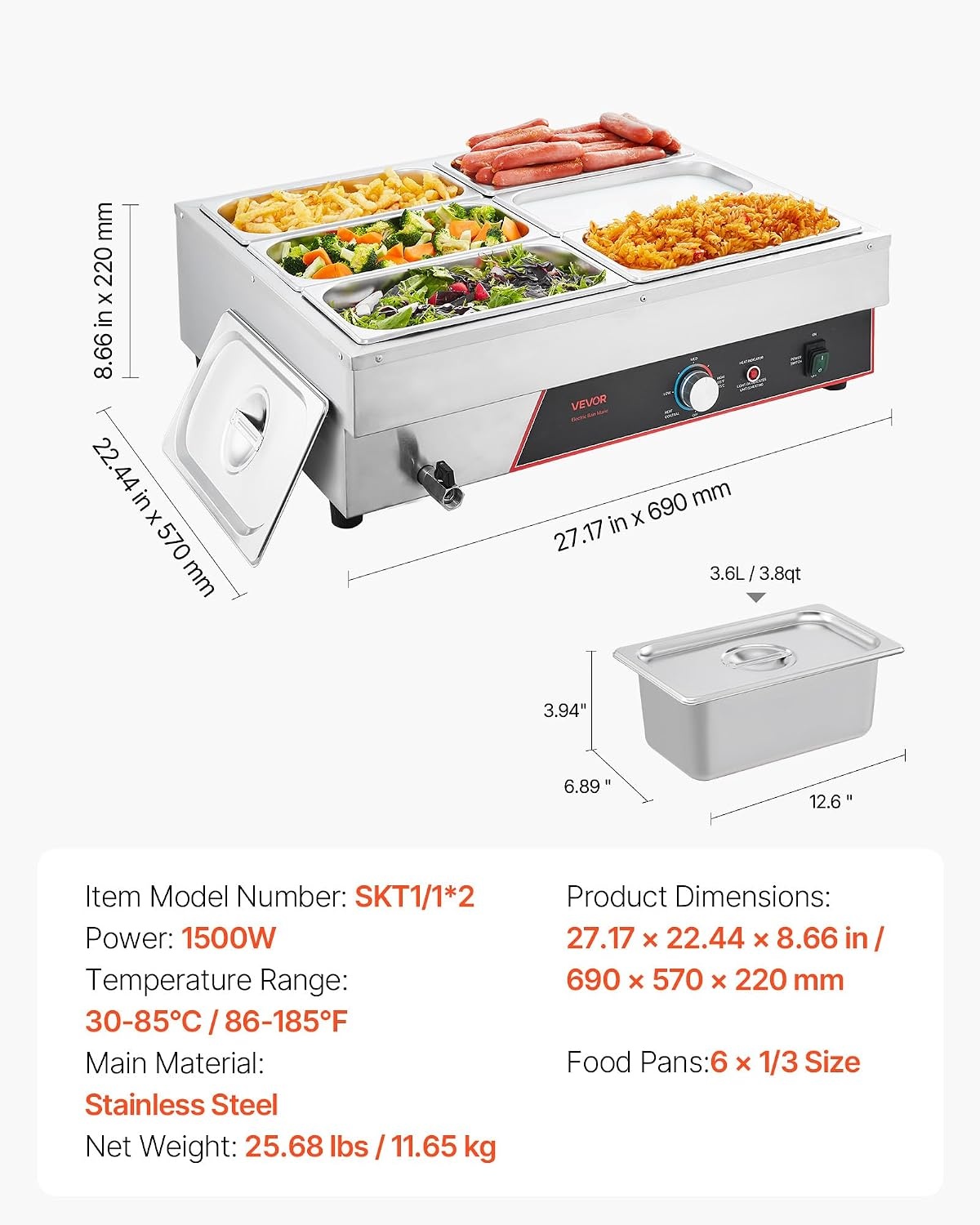 image:imageVEVOR Commercial Food Warmer 1500W Electric Stainless Steel Steam Food Warmer Fast Heating Countertop Buffet Bain Marie with Four 13 Size Food Pans for Catering Restaurants Parties amp Buffets613Pan
