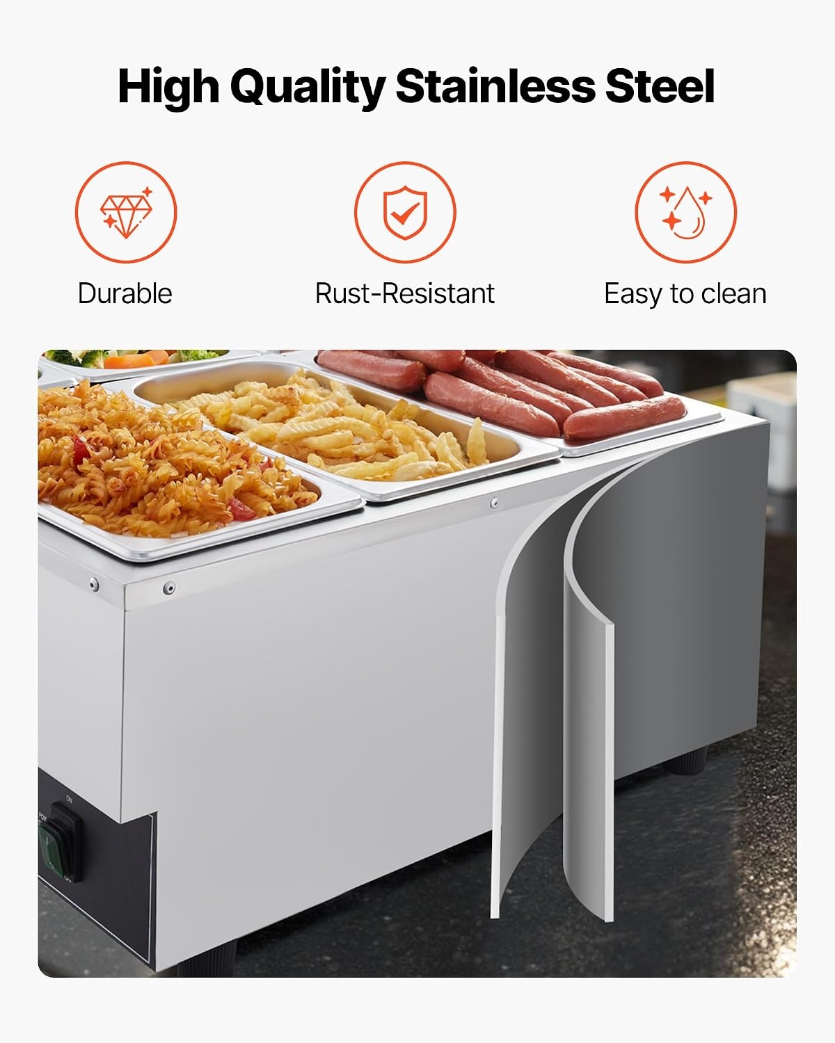 image:imageVEVOR Commercial Food Warmer 1500W Electric Stainless Steel Steam Food Warmer Fast Heating Countertop Buffet Bain Marie with Four 13 Size Food Pans for Catering Restaurants Parties amp Buffets613Pan15CM Depth