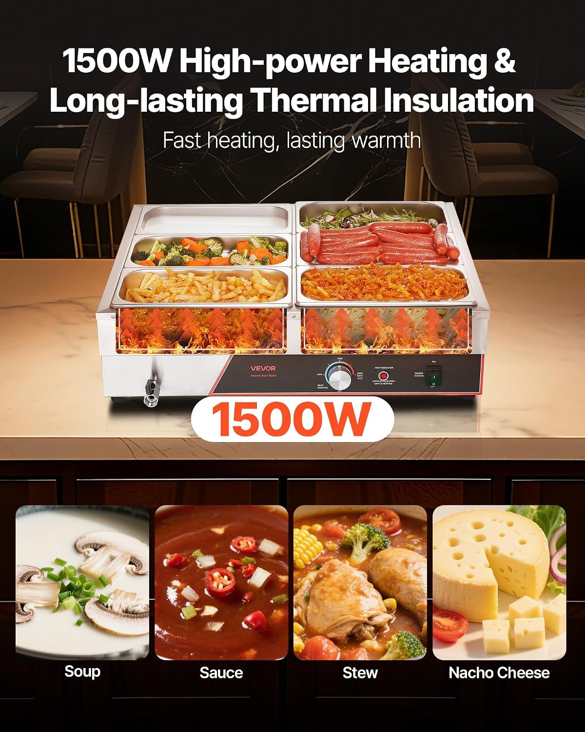 image:imageVEVOR Commercial Food Warmer 1500W Electric Stainless Steel Steam Food Warmer Fast Heating Countertop Buffet Bain Marie with Four 13 Size Food Pans for Catering Restaurants Parties amp Buffets613Pan