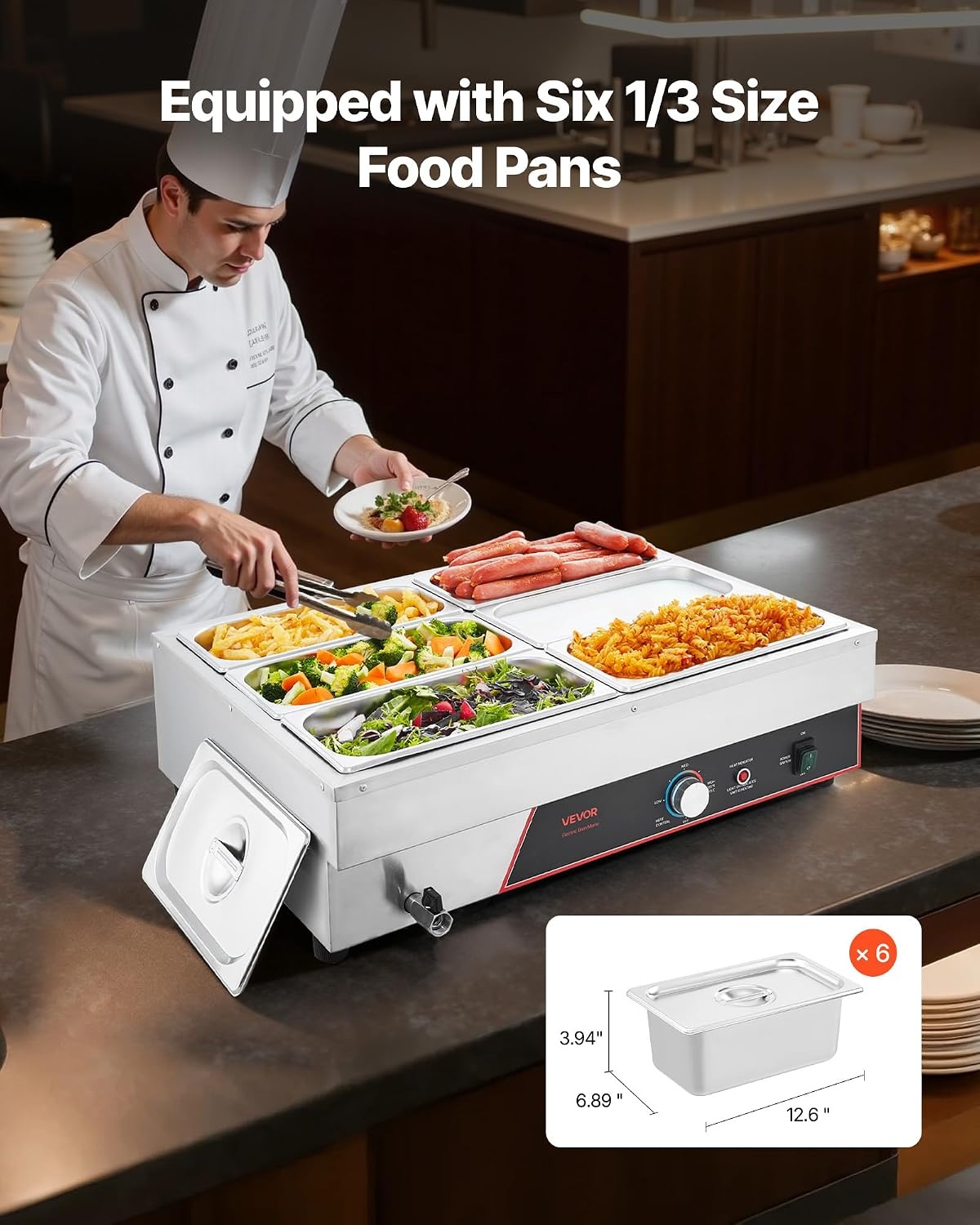 image:imageVEVOR Commercial Food Warmer 1500W Electric Stainless Steel Steam Food Warmer Fast Heating Countertop Buffet Bain Marie with Four 13 Size Food Pans for Catering Restaurants Parties amp Buffets613Pan