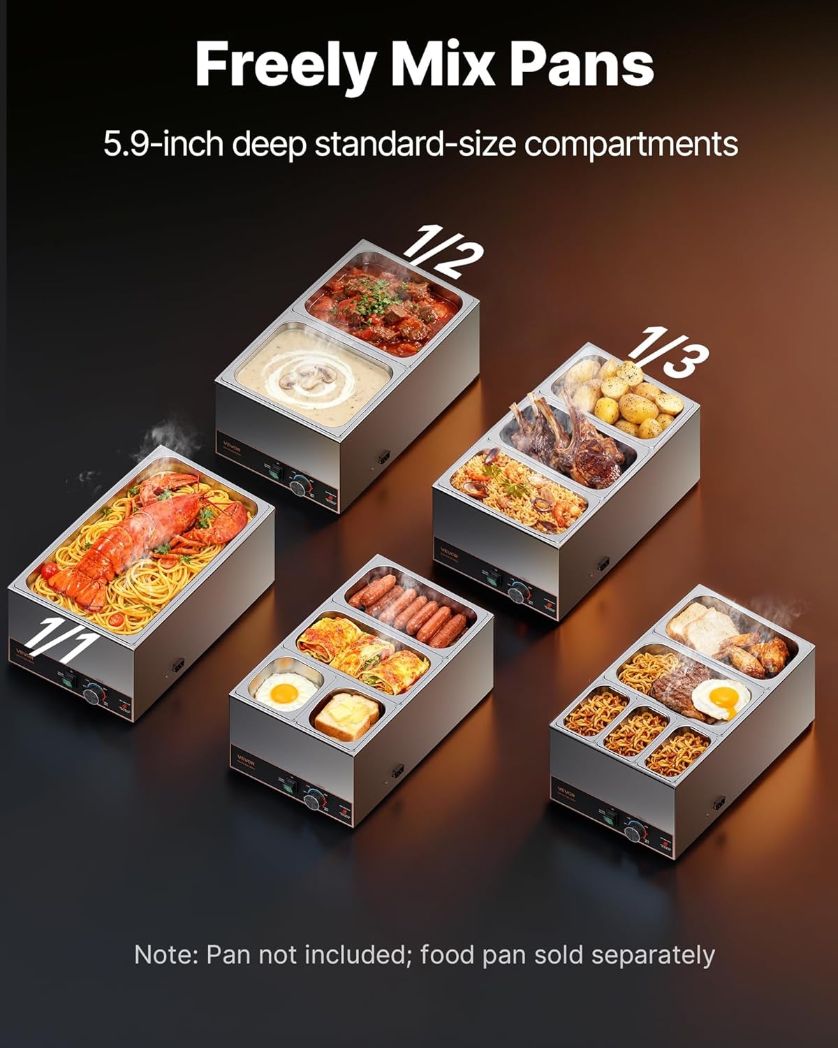 image:imageVEVOR Commercial Food Warmer 1500W Electric Stainless Steel Steam Food Warmer Fast Heating Countertop Buffet Bain Marie with Four 13 Size Food Pans for Catering Restaurants Parties amp Buffets2205 x 1339 x 965 in