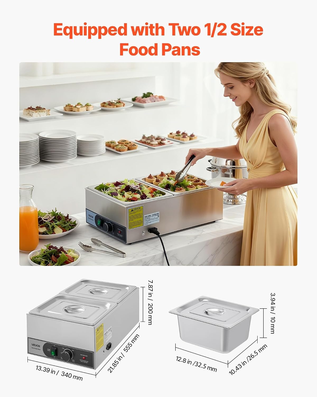 image:imageVEVOR Commercial Food Warmer 1500W Electric Stainless Steel Steam Food Warmer Fast Heating Countertop Buffet Bain Marie with Four 13 Size Food Pans for Catering Restaurants Parties amp Buffets212Pan