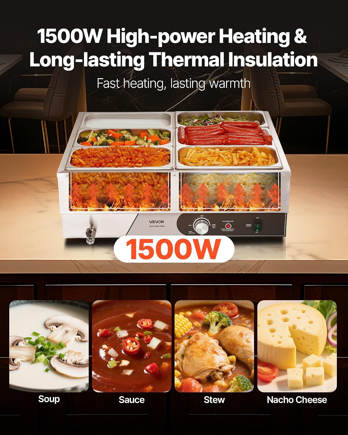 image:imageVEVOR Commercial Food Warmer 1500W Electric Stainless Steel Steam Food Warmer Fast Heating Countertop Buffet Bain Marie with Four 13 Size Food Pans for Catering Restaurants Parties amp Buffets613Pan15CM Depth