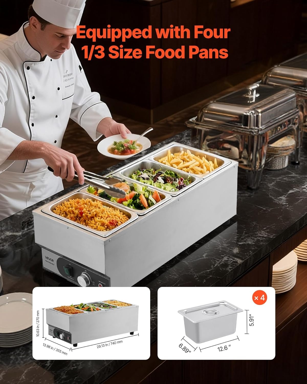 image:imageVEVOR Commercial Food Warmer 1500W Electric Stainless Steel Steam Food Warmer Fast Heating Countertop Buffet Bain Marie with Four 13 Size Food Pans for Catering Restaurants Parties amp Buffets2913 x 1398 x 1063 in