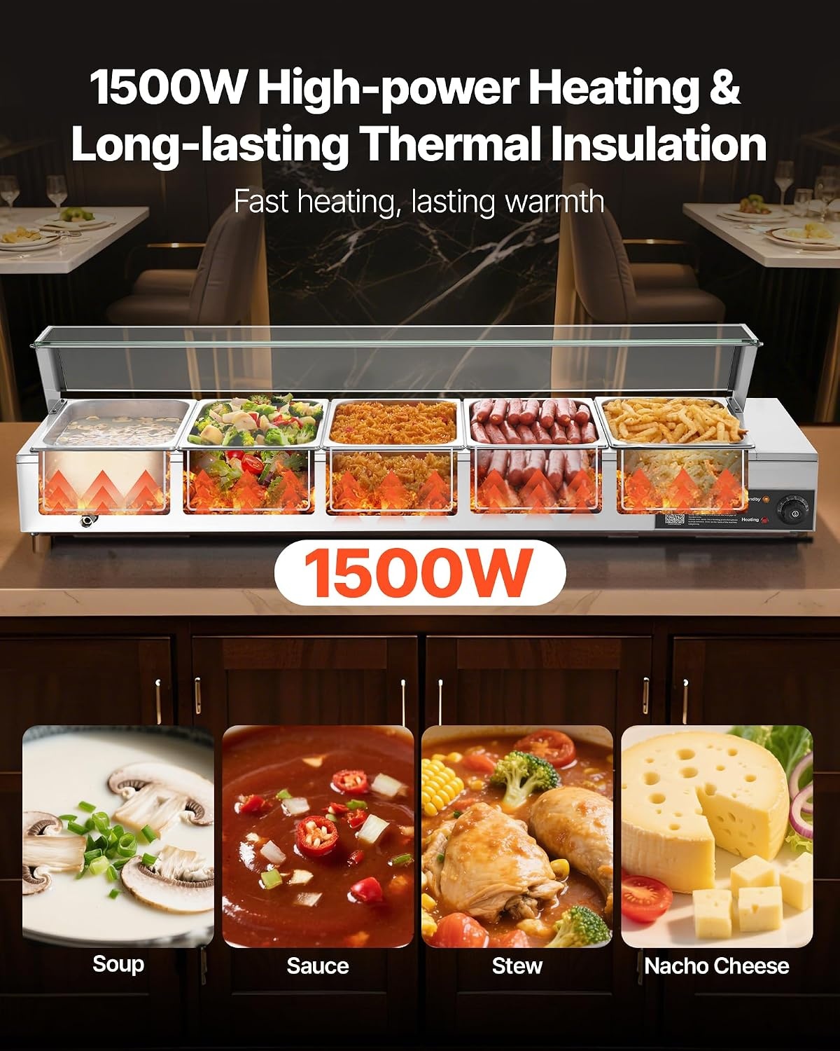 image:imageVEVOR Commercial Food Warmer 1500W Electric Stainless Steel Steam Food Warmer Fast Heating Countertop Buffet Bain Marie with Four 13 Size Food Pans for Catering Restaurants Parties amp Buffets512Pan