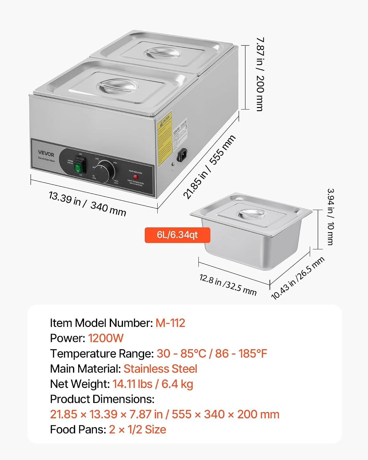 image:imageVEVOR Commercial Food Warmer 1500W Electric Stainless Steel Steam Food Warmer Fast Heating Countertop Buffet Bain Marie with Four 13 Size Food Pans for Catering Restaurants Parties amp Buffets212Pan