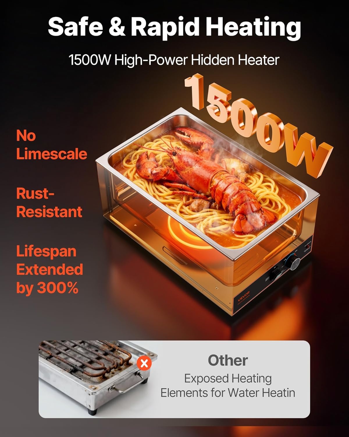 image:imageVEVOR Commercial Food Warmer 1500W Electric Stainless Steel Steam Food Warmer Fast Heating Countertop Buffet Bain Marie with Four 13 Size Food Pans for Catering Restaurants Parties amp Buffets2205 x 1339 x 965 in