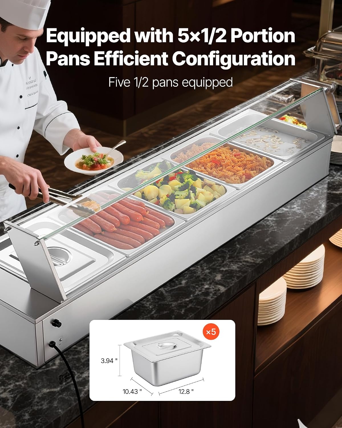 image:imageVEVOR Commercial Food Warmer 1500W Electric Stainless Steel Steam Food Warmer Fast Heating Countertop Buffet Bain Marie with Four 13 Size Food Pans for Catering Restaurants Parties amp Buffets512Pan