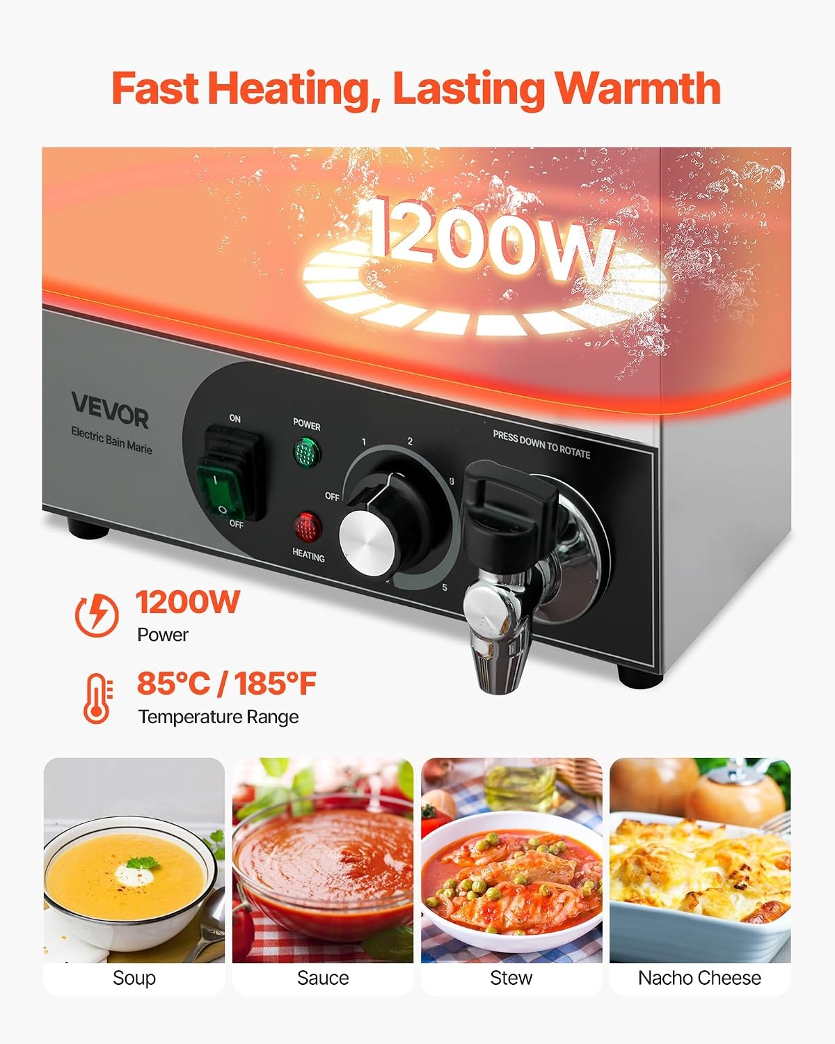 image:imageVEVOR Commercial Food Warmer 1500W Electric Stainless Steel Steam Food Warmer Fast Heating Countertop Buffet Bain Marie with Four 13 Size Food Pans for Catering Restaurants Parties amp Buffets313Pan20CM Depth