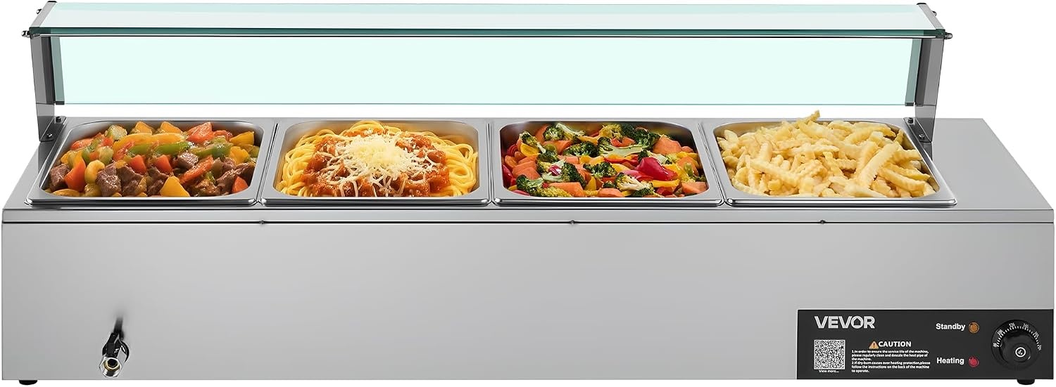 image:imageVEVOR Commercial Food Warmer 1500W Electric Stainless Steel Steam Food Warmer with Glass Cover 6 x 12 Size Pans Buffet Bain Marie with Soup amp Perforated Ladles for Catering Restaurant amp Party4x12Pan48QT