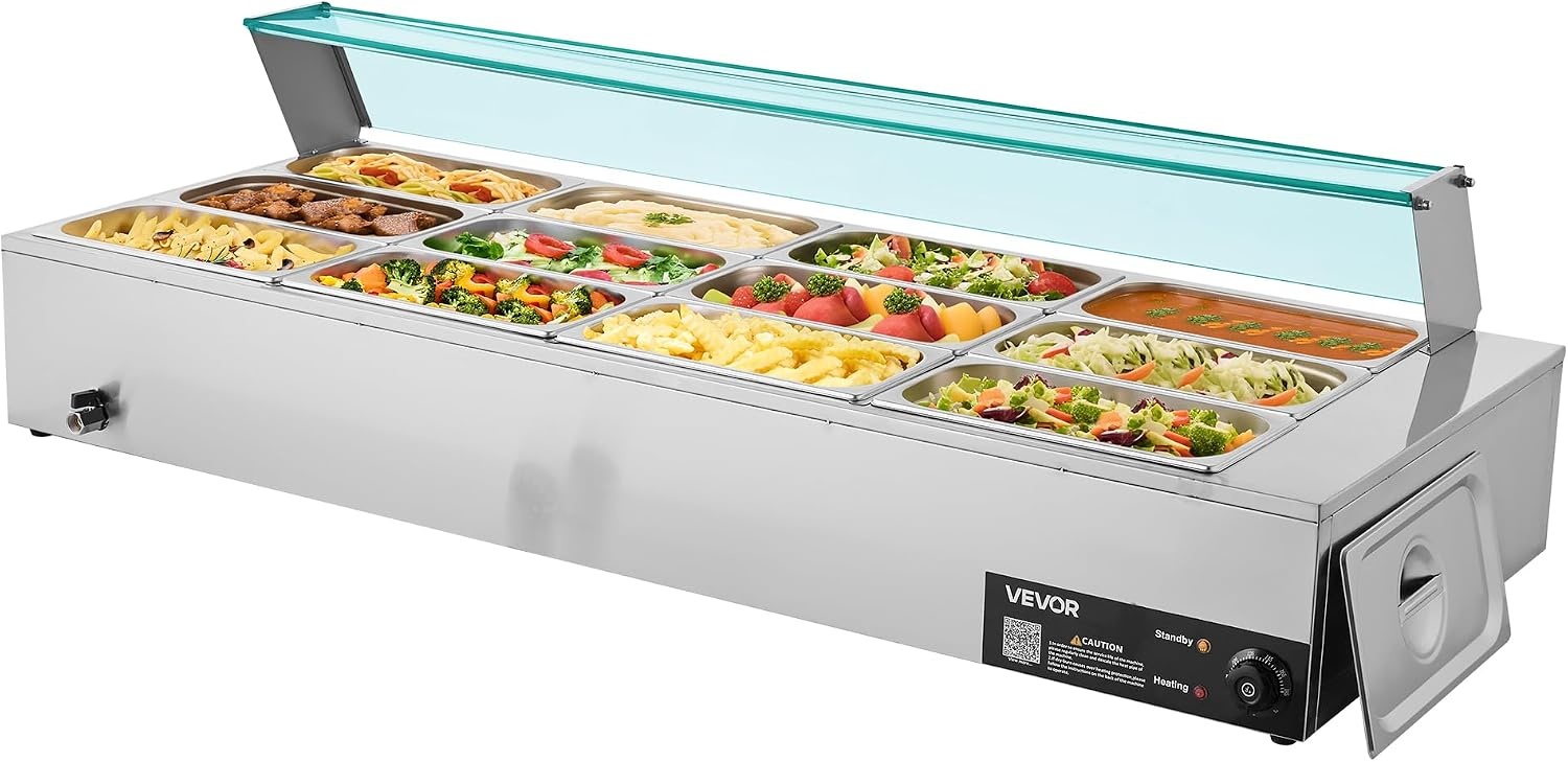 image:imageVEVOR Commercial Food Warmer 1500W Electric Stainless Steel Steam Food Warmer with Glass Cover 6 x 12 Size Pans Buffet Bain Marie with Soup amp Perforated Ladles for Catering Restaurant amp Party563 x 2244 x 1516 in