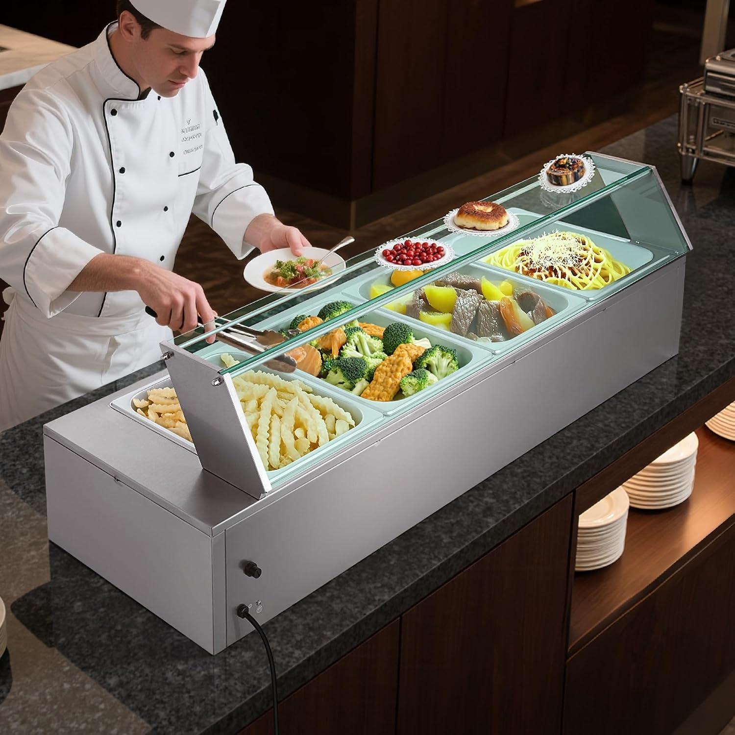 image:imageVEVOR Commercial Food Warmer 1500W Electric Stainless Steel Steam Food Warmer with Glass Cover 6 x 12 Size Pans Buffet Bain Marie with Soup amp Perforated Ladles for Catering Restaurant amp Party4x12Pan48QT