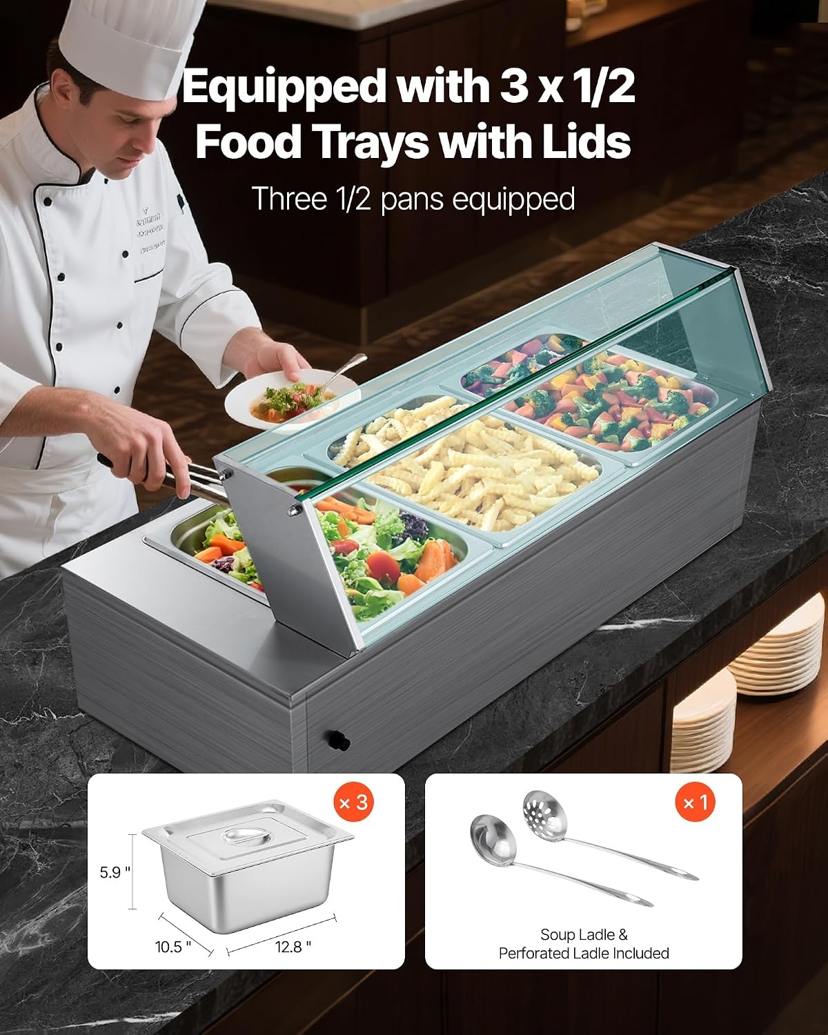 image:imageVEVOR Commercial Food Warmer 1500W Electric Stainless Steel Steam Food Warmer with Glass Cover 6 x 12 Size Pans Buffet Bain Marie with Soup amp Perforated Ladles for Catering Restaurant amp Party3622 x 1437 x 1516 in