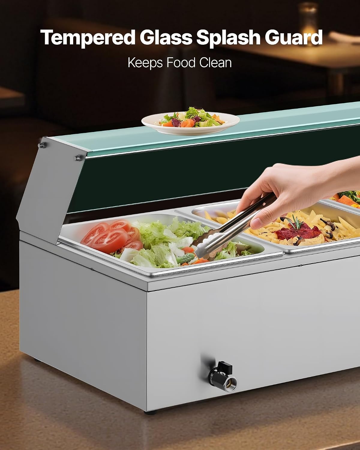 image:imageVEVOR Commercial Food Warmer 1500W Electric Stainless Steel Steam Food Warmer with Glass Cover 6 x 12 Size Pans Buffet Bain Marie with Soup amp Perforated Ladles for Catering Restaurant amp Party4x12Pan48QT