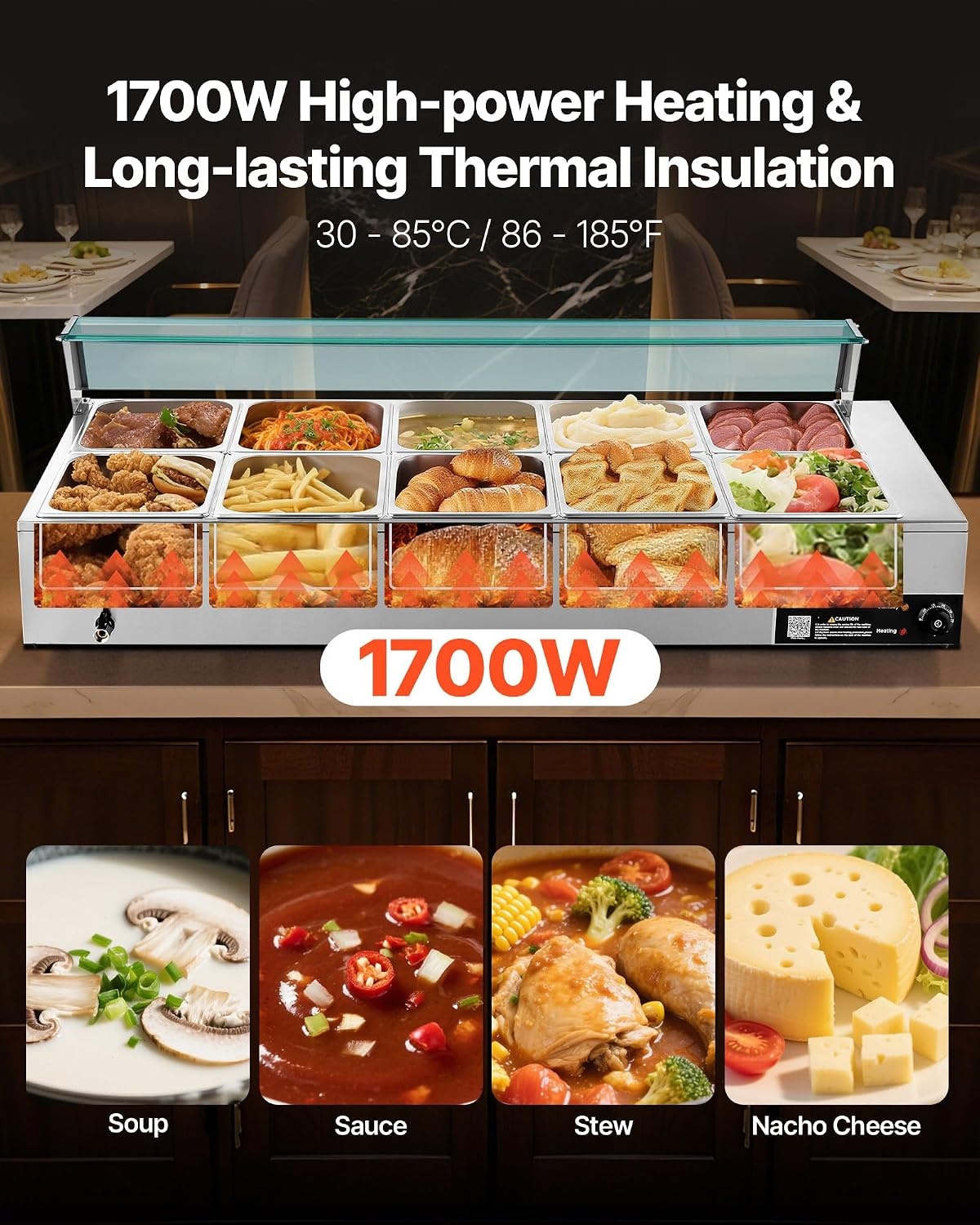 image:imageVEVOR Commercial Food Warmer 1500W Electric Stainless Steel Steam Food Warmer with Glass Cover 6 x 12 Size Pans Buffet Bain Marie with Soup amp Perforated Ladles for Catering Restaurant amp Party10x12Pan120QT