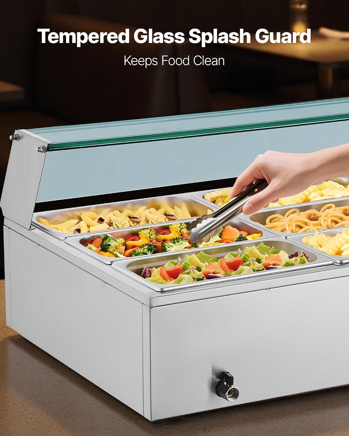image:imageVEVOR Commercial Food Warmer 1500W Electric Stainless Steel Steam Food Warmer with Glass Cover 6 x 12 Size Pans Buffet Bain Marie with Soup amp Perforated Ladles for Catering Restaurant amp Party563 x 2244 x 1516 in