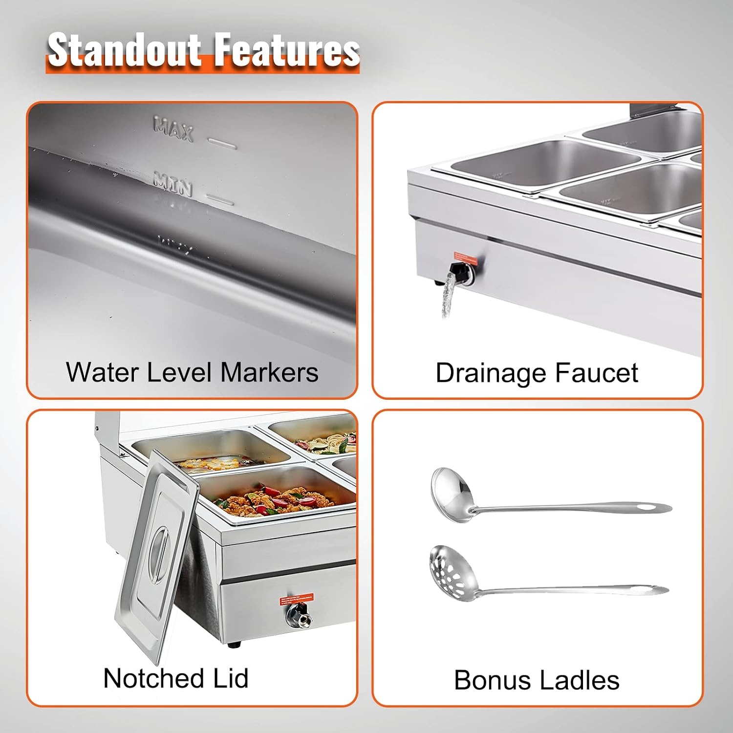 image:imageVEVOR Commercial Food Warmer 1500W Electric Stainless Steel Steam Food Warmer with Glass Cover 6 x 12 Size Pans Buffet Bain Marie with Soup amp Perforated Ladles for Catering Restaurant amp Party10Pan