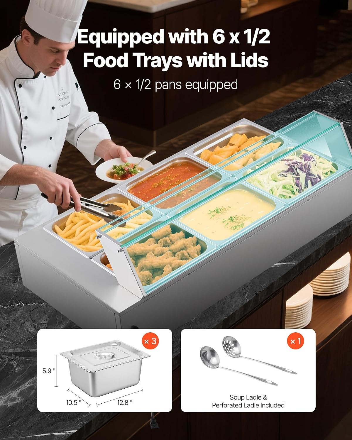 image:imageVEVOR Commercial Food Warmer 1500W Electric Stainless Steel Steam Food Warmer with Glass Cover 6 x 12 Size Pans Buffet Bain Marie with Soup amp Perforated Ladles for Catering Restaurant amp Party6x12Pan 72QT