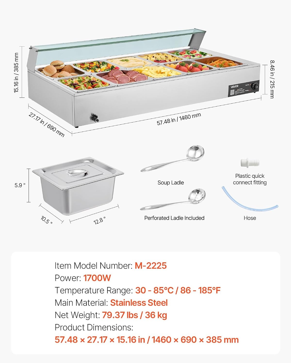 image:imageVEVOR Commercial Food Warmer 1500W Electric Stainless Steel Steam Food Warmer with Glass Cover 6 x 12 Size Pans Buffet Bain Marie with Soup amp Perforated Ladles for Catering Restaurant amp Party10x12Pan120QT