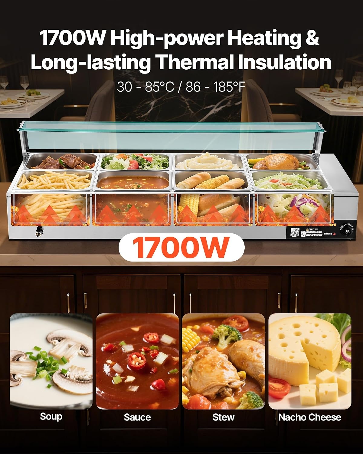 image:imageVEVOR Commercial Food Warmer 1500W Electric Stainless Steel Steam Food Warmer with Glass Cover 6 x 12 Size Pans Buffet Bain Marie with Soup amp Perforated Ladles for Catering Restaurant amp Party8x12Pan 96QT