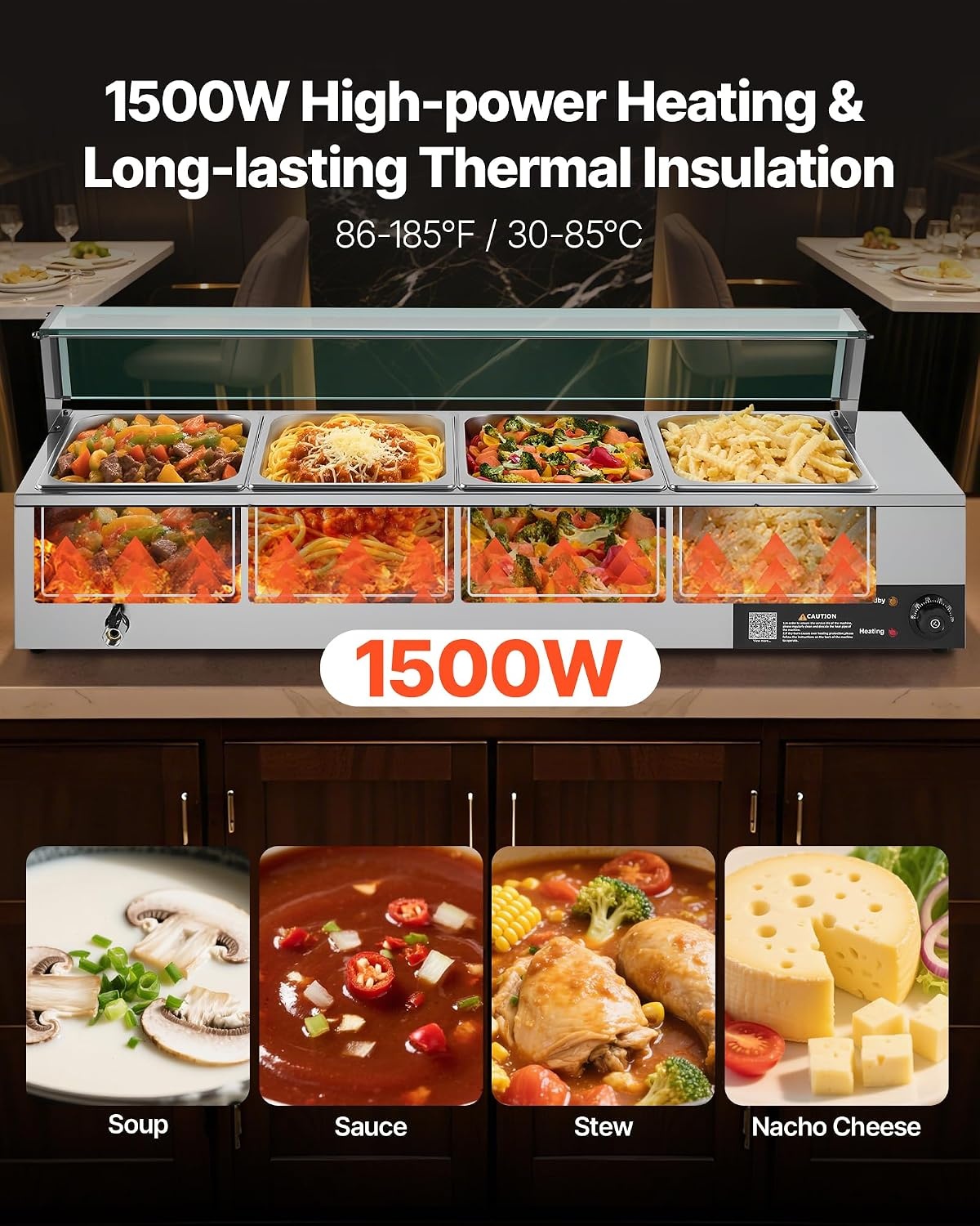 image:imageVEVOR Commercial Food Warmer 1500W Electric Stainless Steel Steam Food Warmer with Glass Cover 6 x 12 Size Pans Buffet Bain Marie with Soup amp Perforated Ladles for Catering Restaurant amp Party4x12Pan48QT