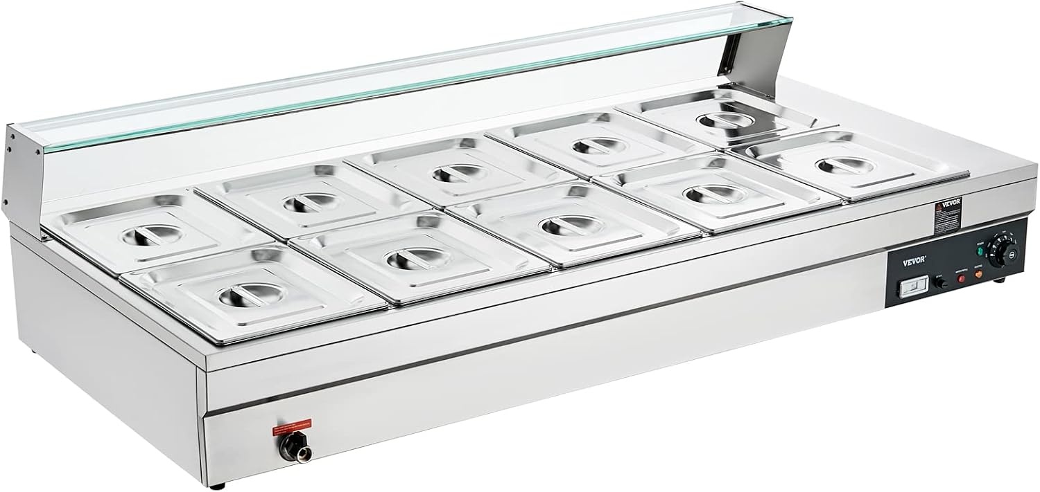 image:imageVEVOR Commercial Food Warmer 1500W Electric Stainless Steel Steam Food Warmer with Glass Cover 6 x 12 Size Pans Buffet Bain Marie with Soup amp Perforated Ladles for Catering Restaurant amp Party10Pan