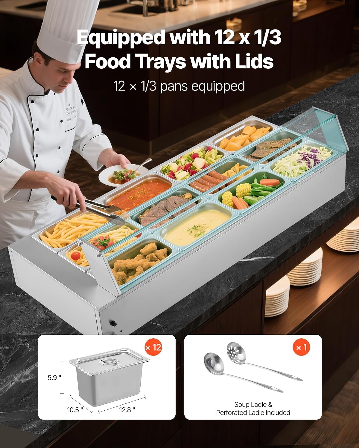image:imageVEVOR Commercial Food Warmer 1500W Electric Stainless Steel Steam Food Warmer with Glass Cover 6 x 12 Size Pans Buffet Bain Marie with Soup amp Perforated Ladles for Catering Restaurant amp Party563 x 2244 x 1516 in